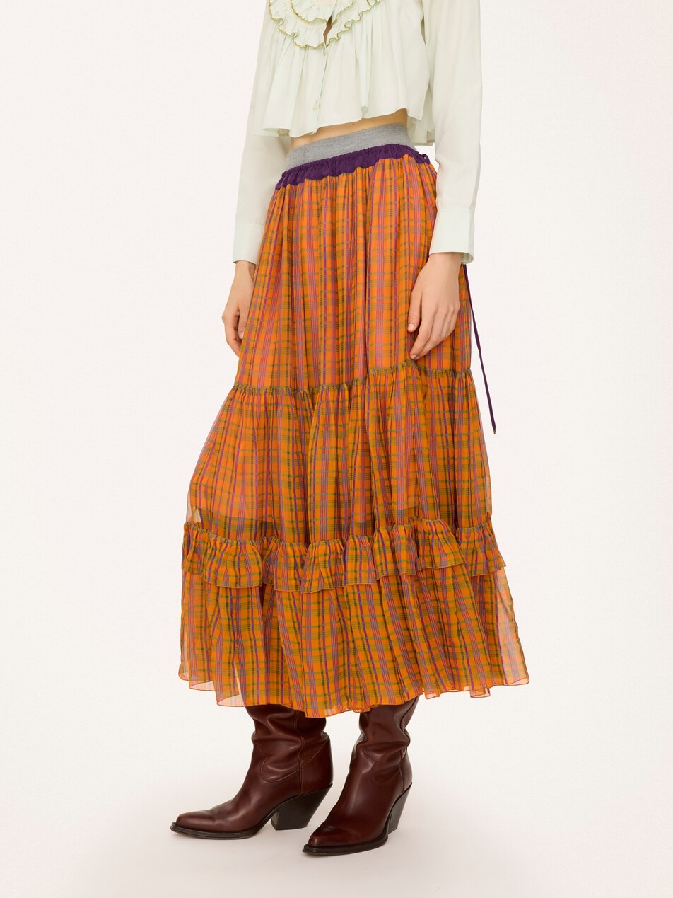 Ruffled long skirt in check silk mousseline