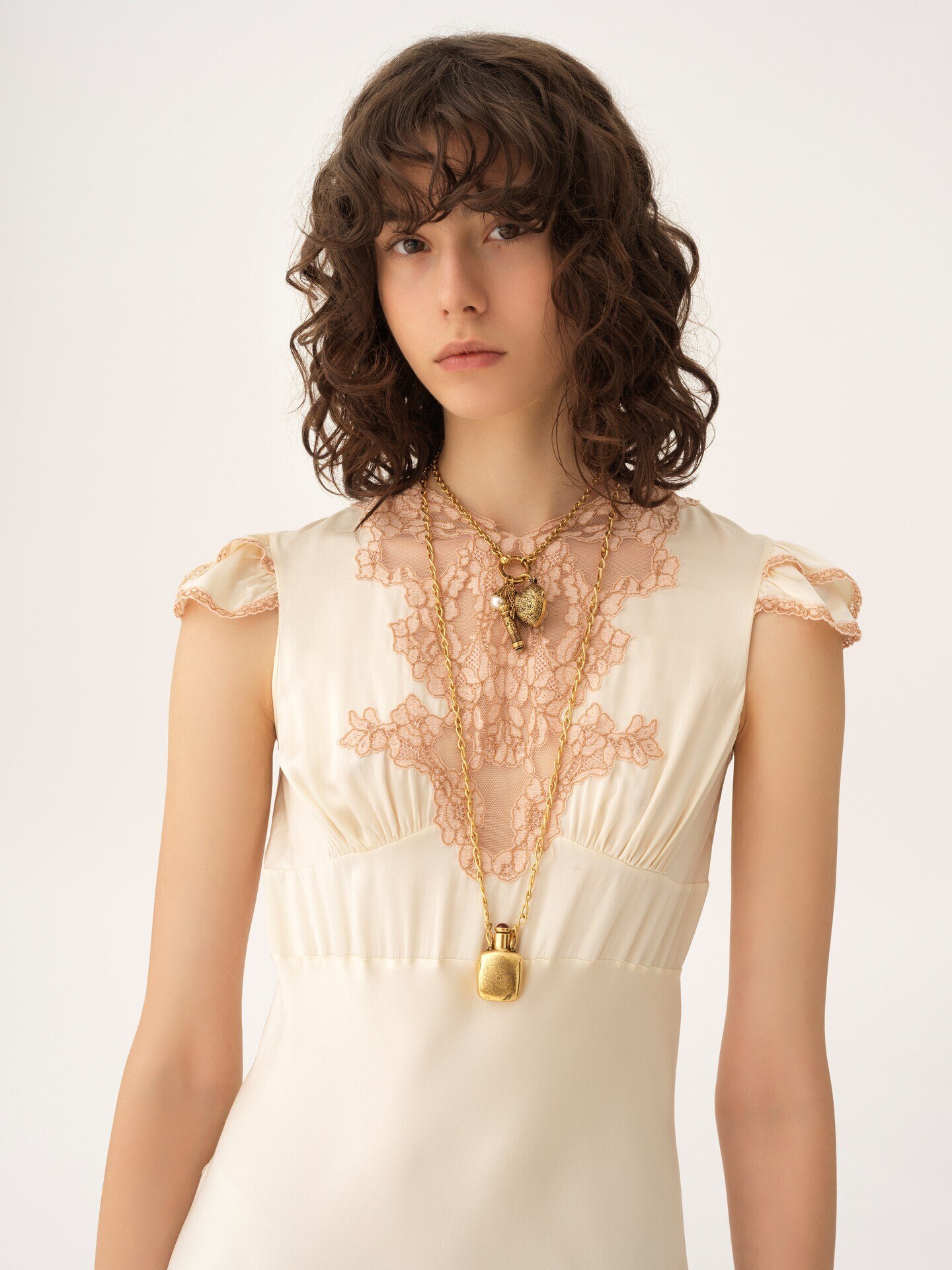 Cap-sleeve column dress in washed silk satin & lace - 7