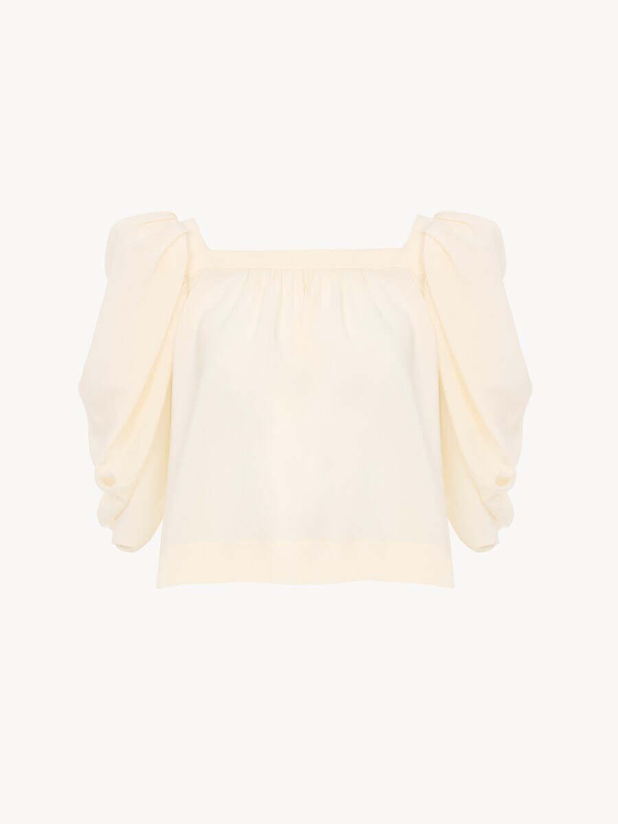 Top pliss&eacute; manches bouffantes en cr&ecirc;pe de chine - 1