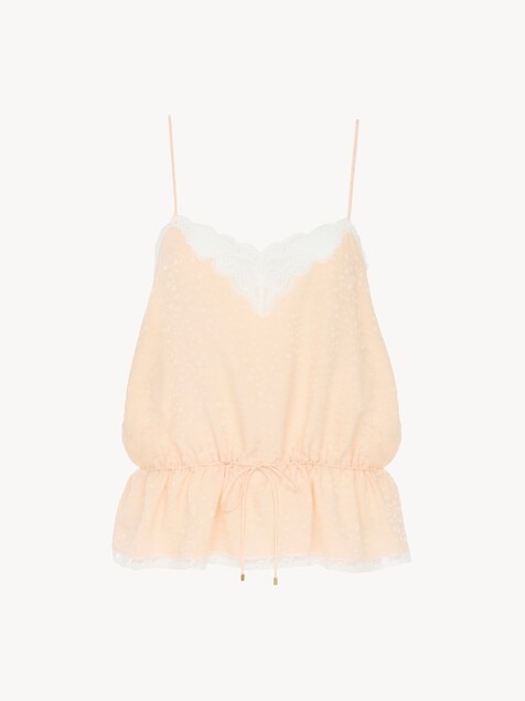 Drawstring camisole top in silk jacquard & lace