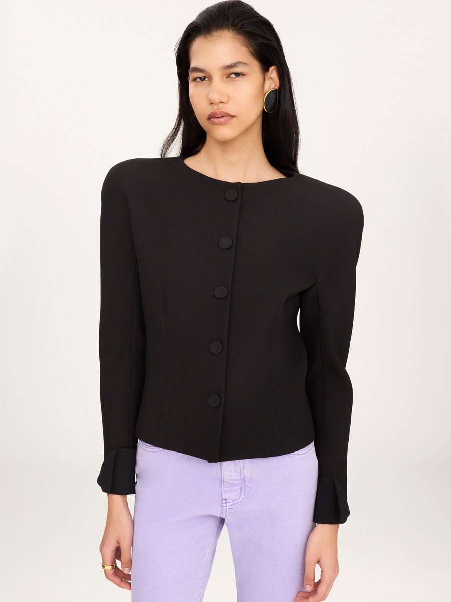 Chaqueta ajustada sin cuello de crep&eacute; de lana - 4