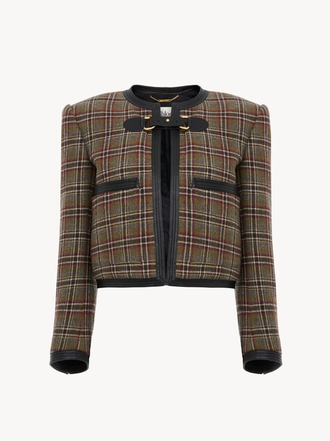 Veste courte droite sans col en laine &agrave; carreaux