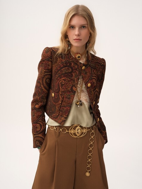 Chaqueta de corte boxy sin cuello de jacquard
