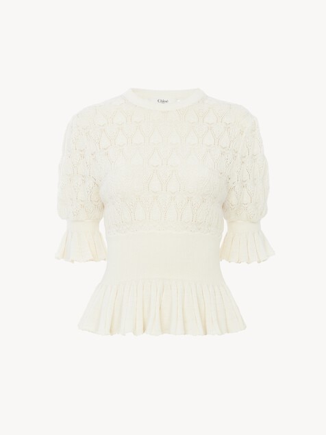 Jersey de manga corta con volantes de punto de mezcla de lana