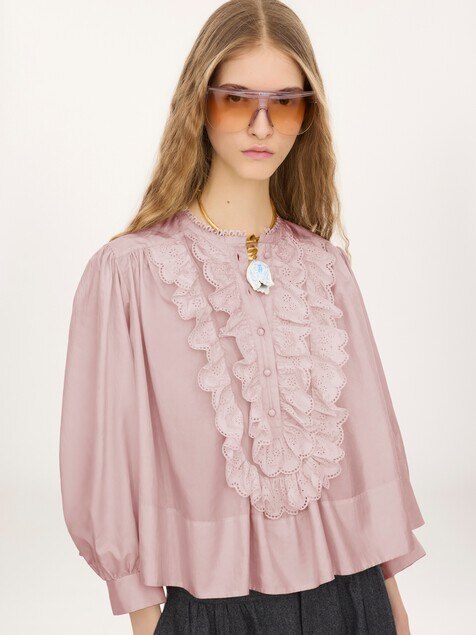 Gathered ruffle top in technical taffeta