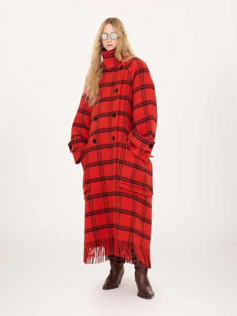 Double-breasted oversized long coat in check double-face wool & alpaca