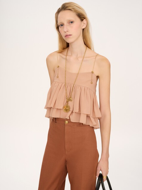 Sleeveless ruffle top in silk georgette