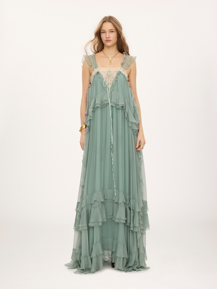 Sleeveless layered long dress in silk mousseline & lace - 1
