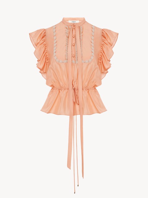 Short-sleeve ruffle top in washed silk habotai & lace