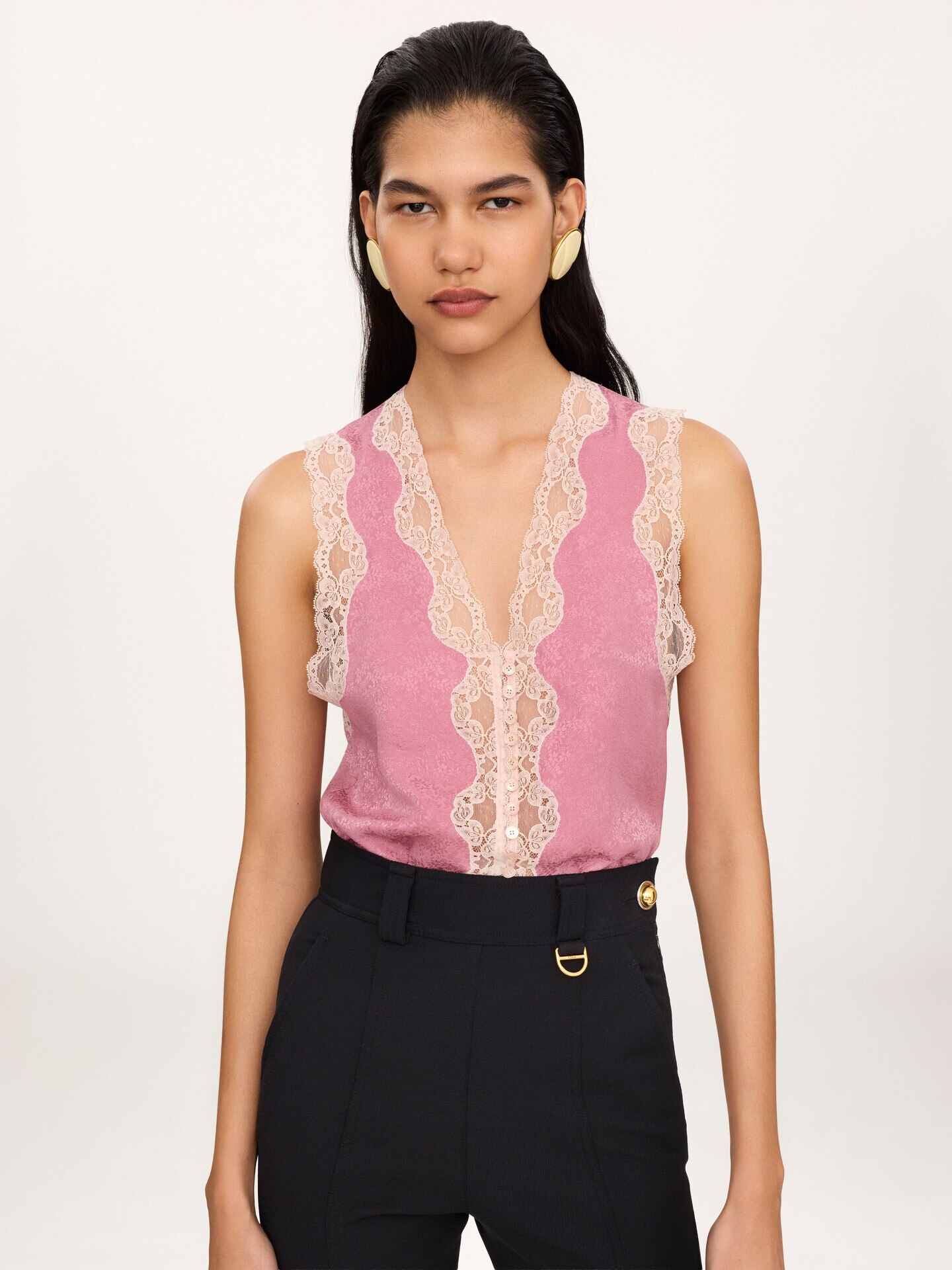 Sleeveless peplum top in silk jacquard & lace - 4