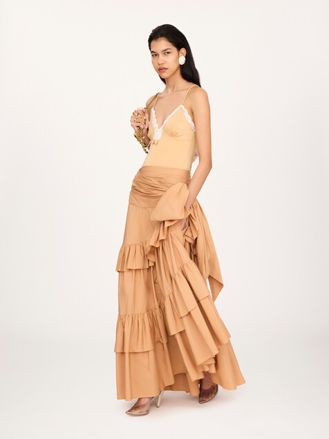 Ruffled long skirt in cotton poplin