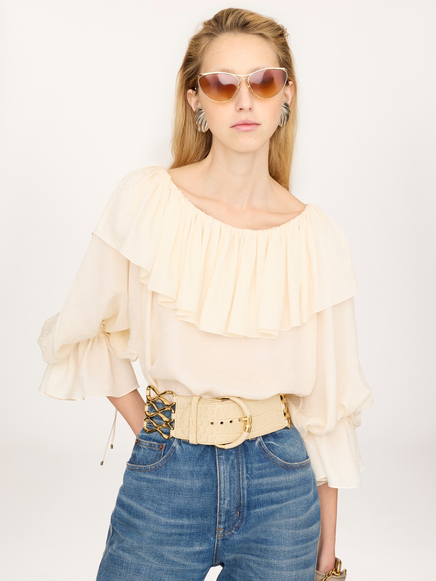 Fluid ruffle top in silk jacquard - 4