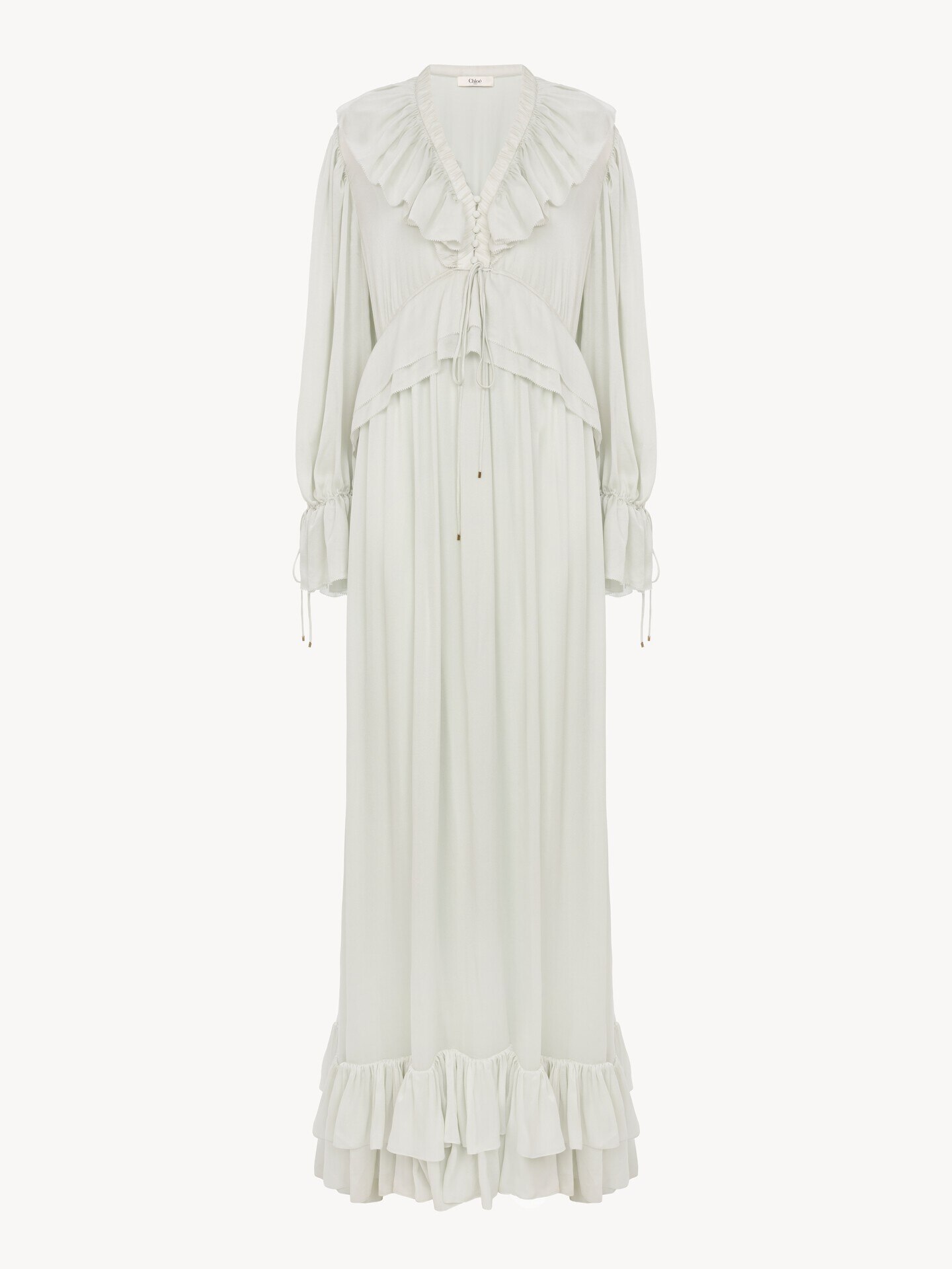 Robe longue fronc&eacute;e en charmeuse de soie - 1