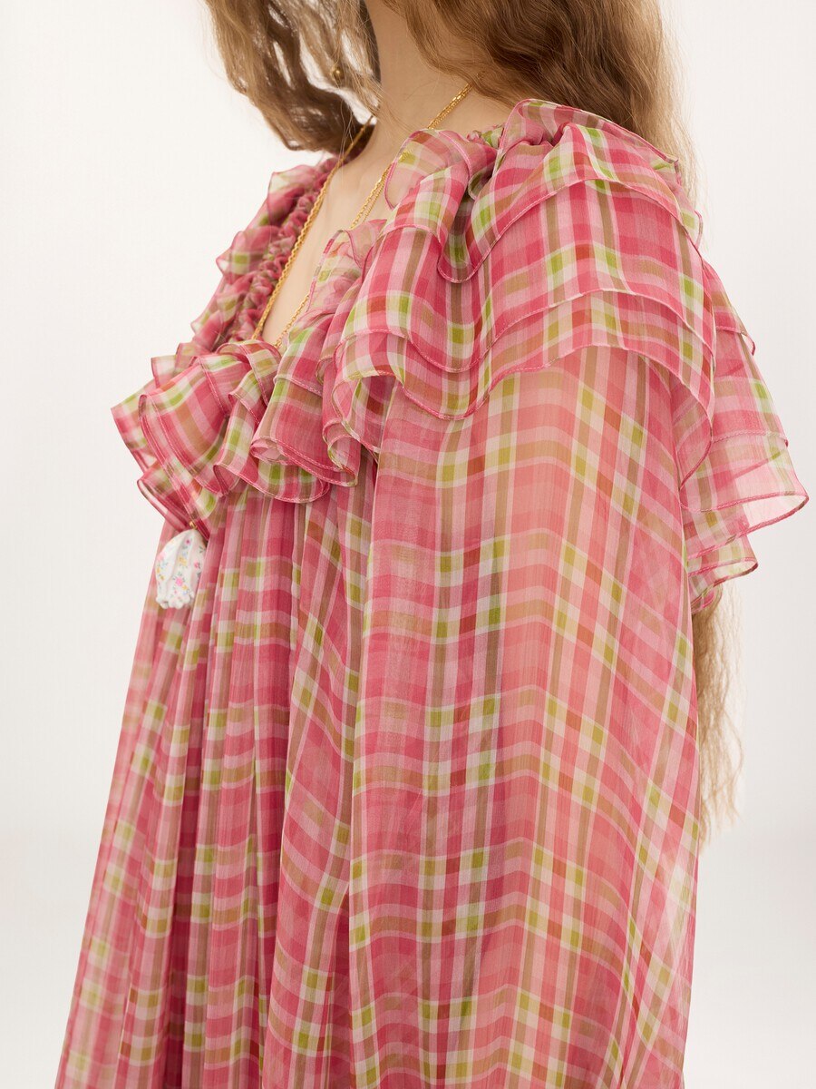 Square-neck midi dress in check silk mousseline - 9