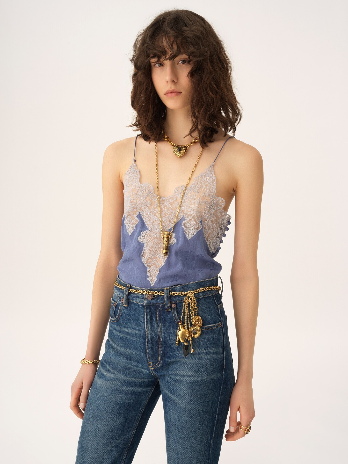 Camisole top in silk jacquard & lace - 4