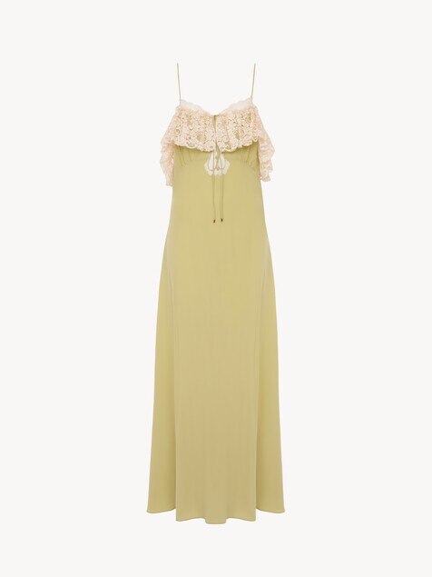 Thin-strap long dress in cr&ecirc;pe de chine & lace