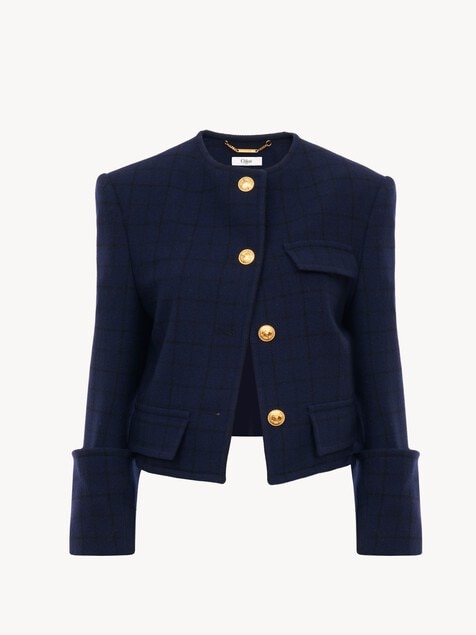 Veste droite sans col en laine &agrave; carreaux