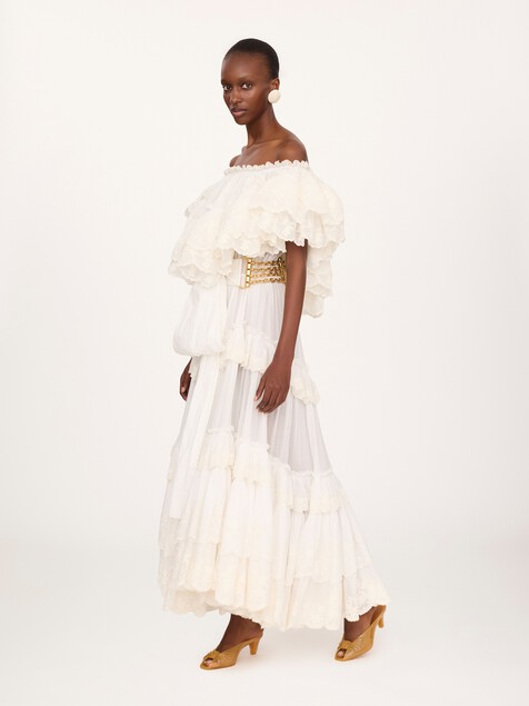 Robe longue &agrave; volants en voile de coton