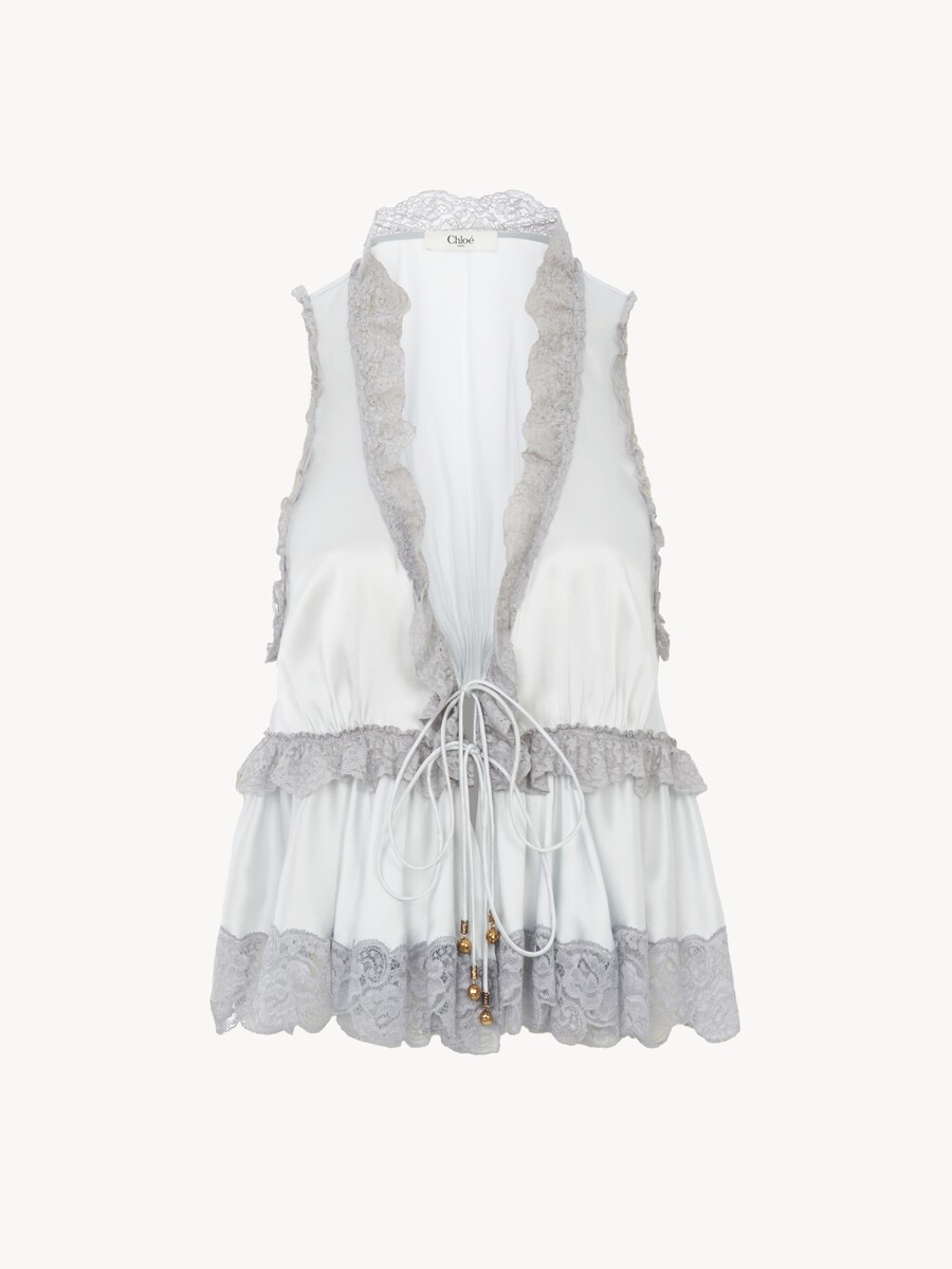 Tie-front sleeveless top in washed silk satin & lace - 2