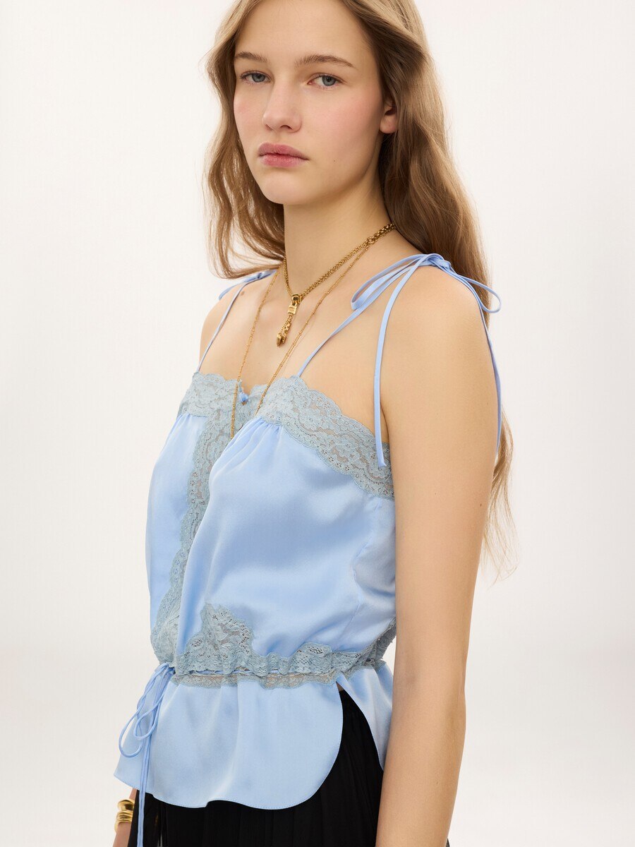 Drawstring camisole top in washed silk satin & lace - 9