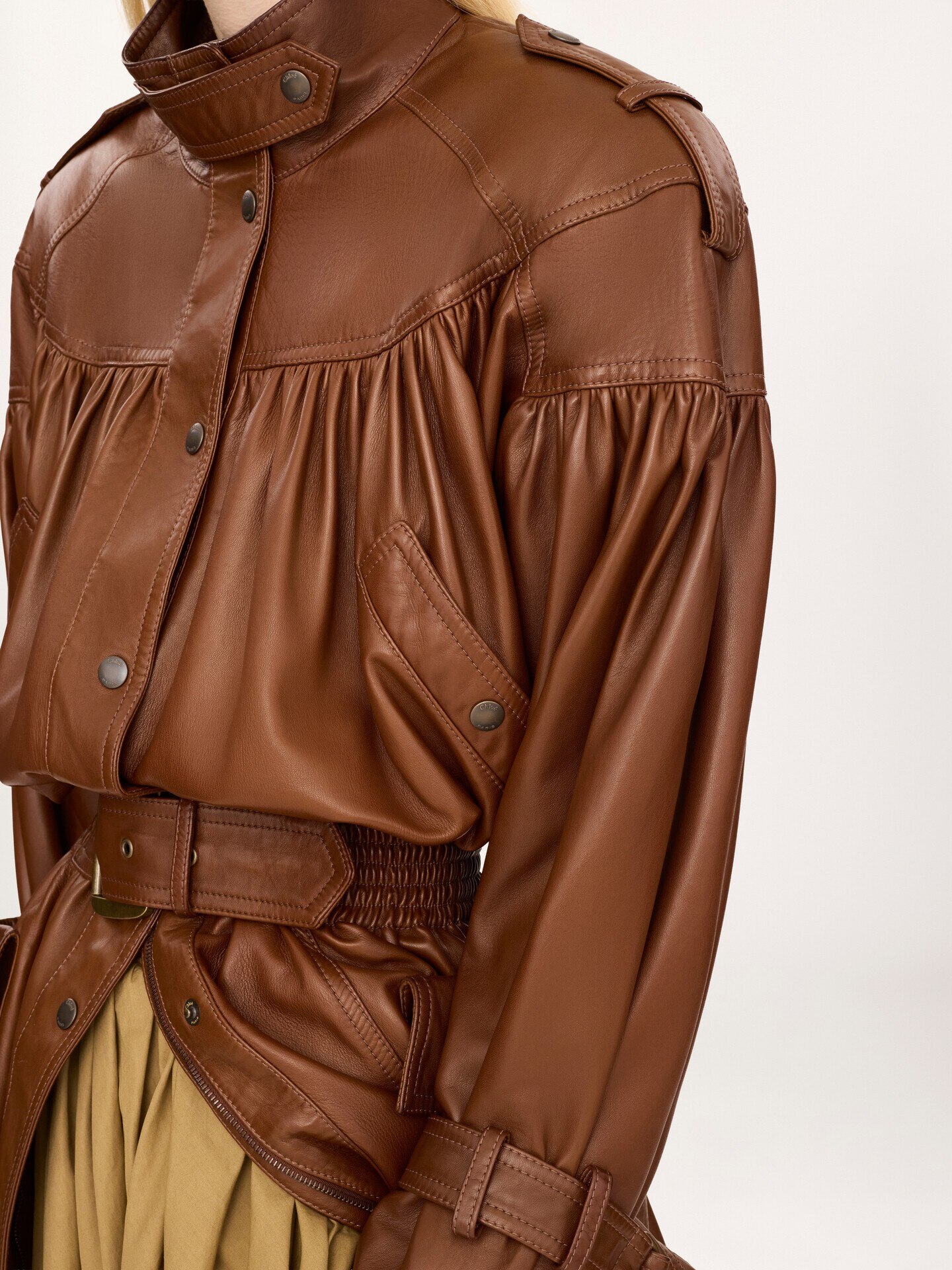 High-neck puff-sleeve leather coat - 7.0