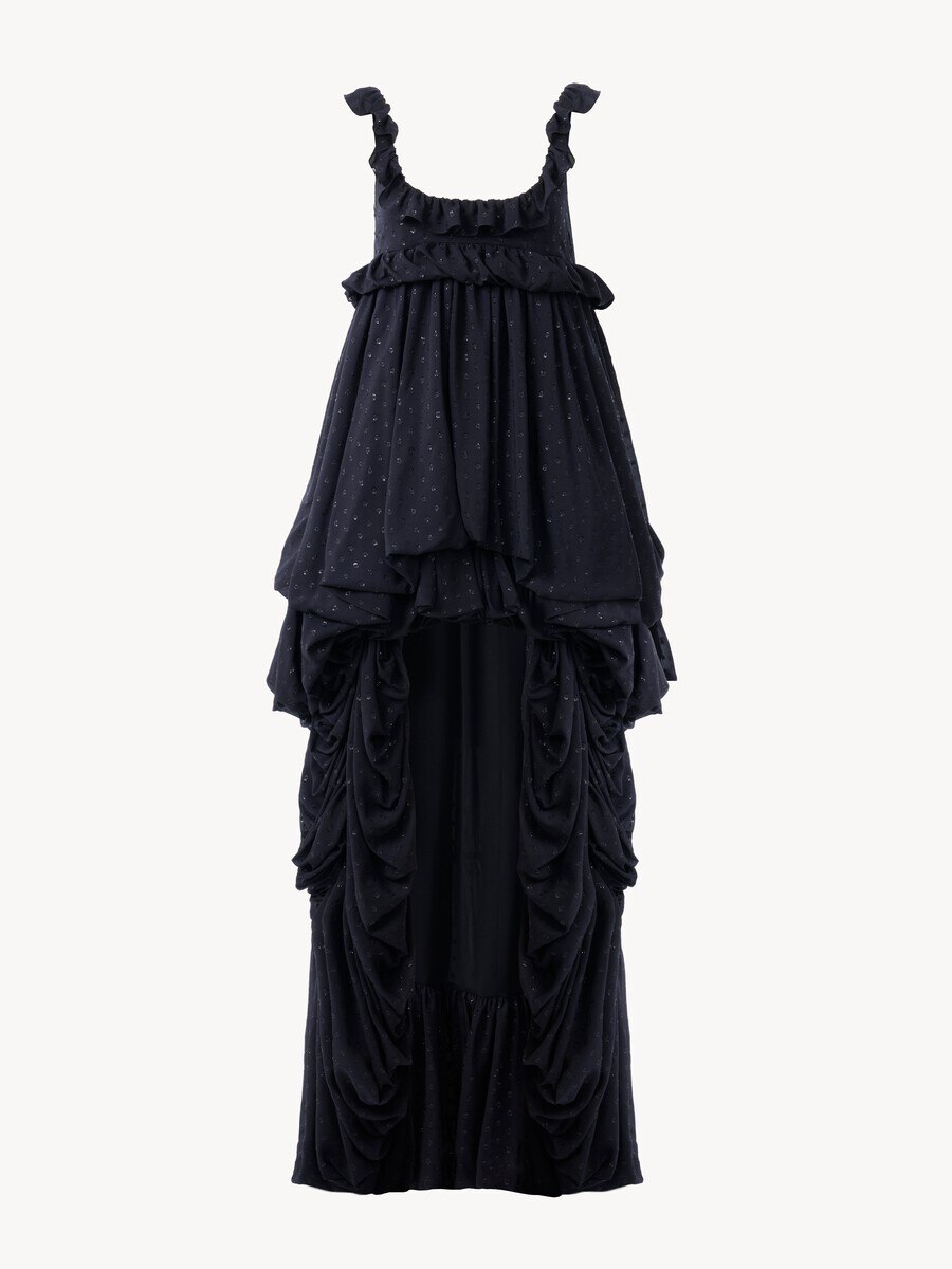 Hinten l&auml;nger geschnittenes &auml;rmelloses Kleid aus Seidengeorgette-Jacquard und Lurex - 2