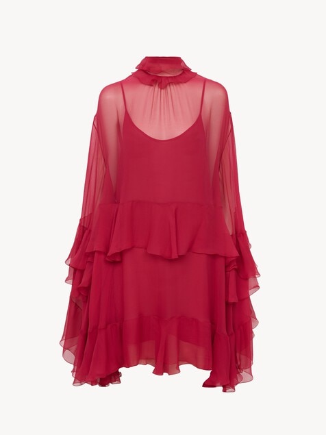 Ruffled mini dress in silk mousseline