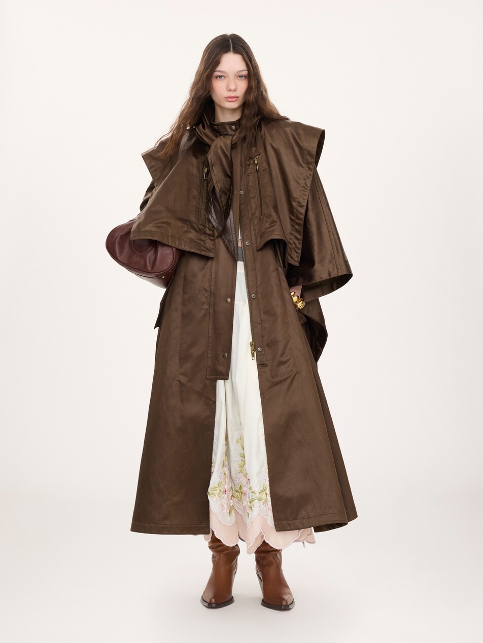 Hooded long cape coat in satin