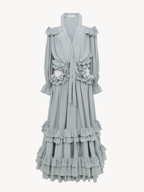 Cut-out long ruffled dress in silk jacquard