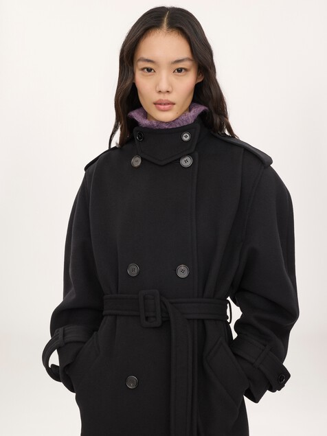 High-neck long coat in double-face wool