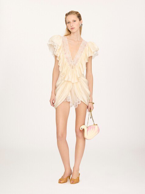 Short V-neck jumpsuit in washed silk satin & lace