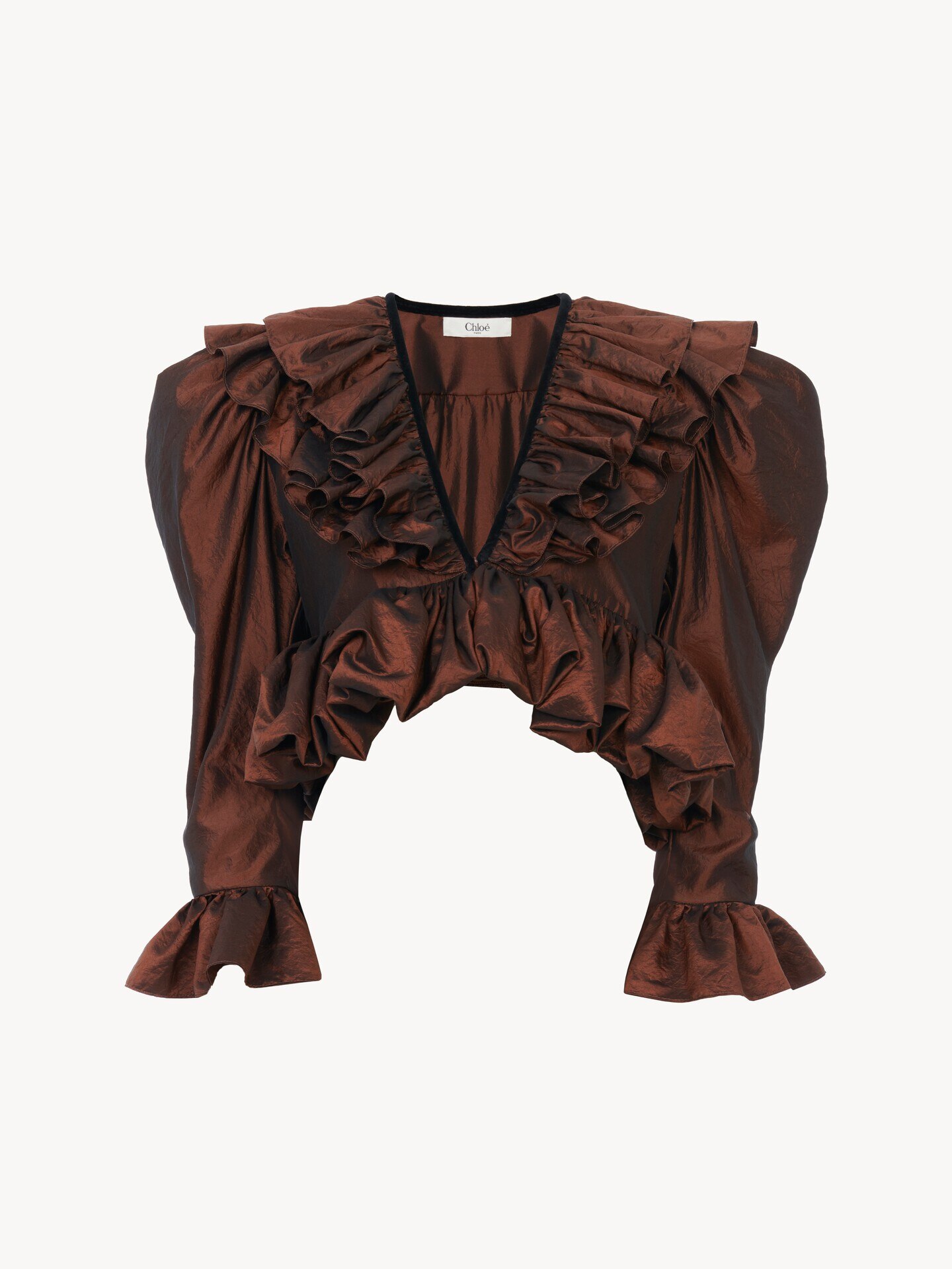 ウォッシュドシルクタフタ製クロップド Vネックラッフルトップス - 1