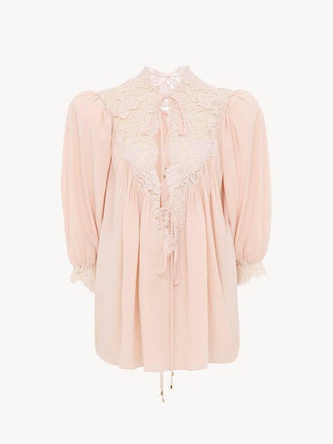 Fluid puff-sleeve top in cr&ecirc;pe de chine & lace