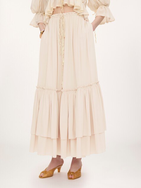 Ruffled long skirt in silk mousseline