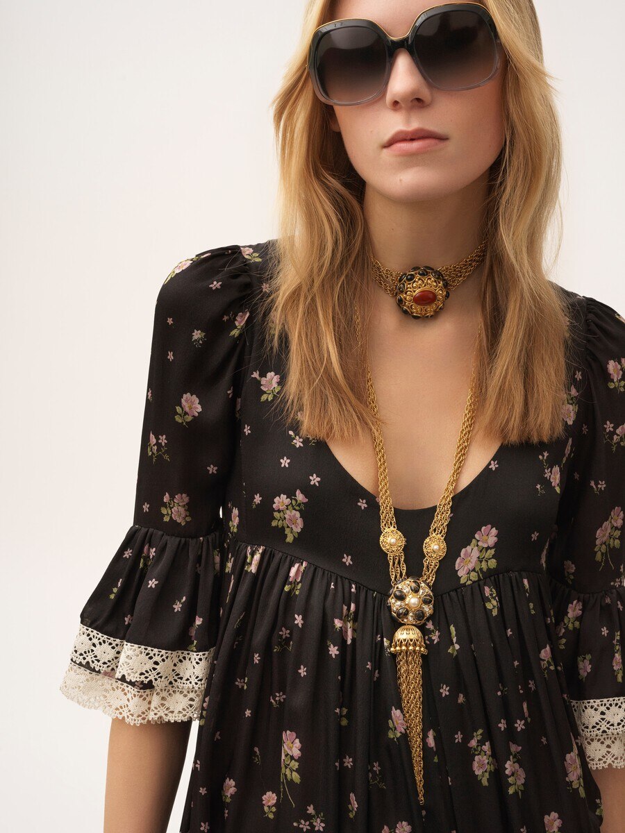 Vestido midi con cuello redondo de seda charmeuse y encaje - 5