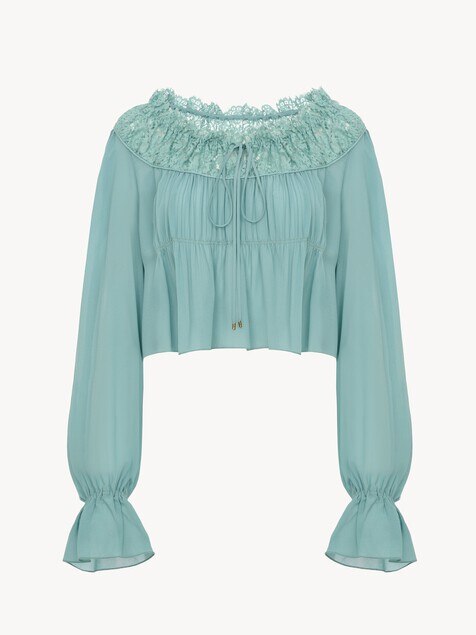Scoop-neck cropped top in silk georgette & lace