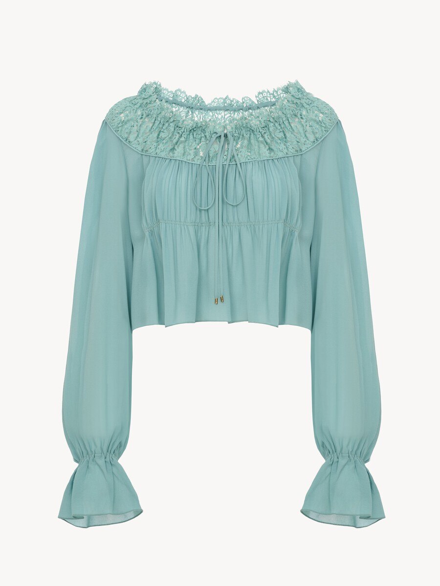 Scoop-neck cropped top in silk georgette & lace - 2