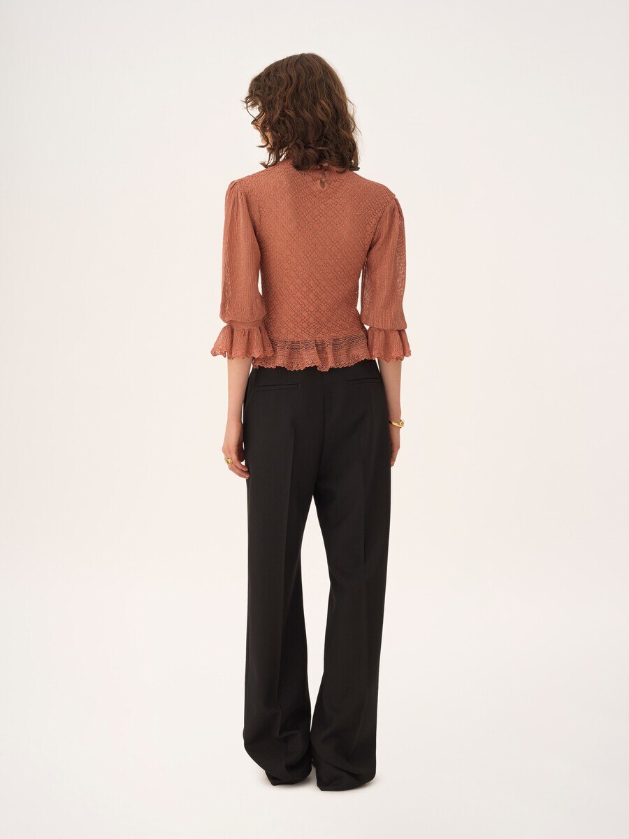 Pullover con volant e maniche a sbuffo in maglia di lurex - 5