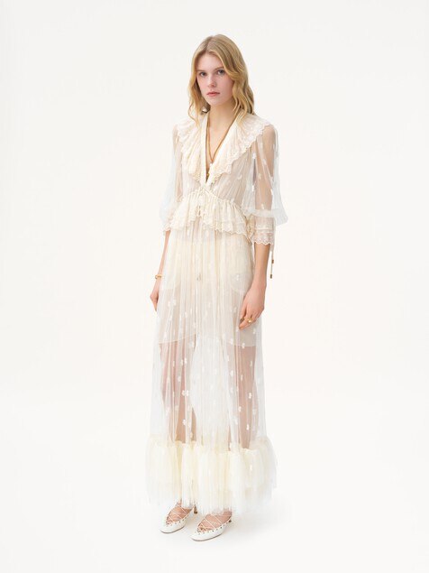 Gathered V-neck long dress in embroidered lace