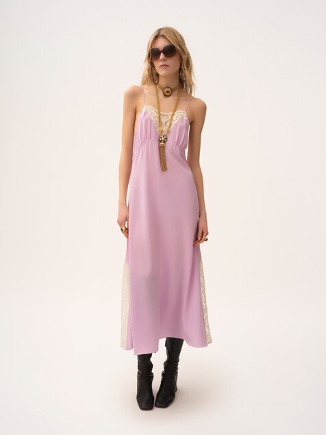 Thin-strap midi dress in cr&ecirc;pe de chine & lace
