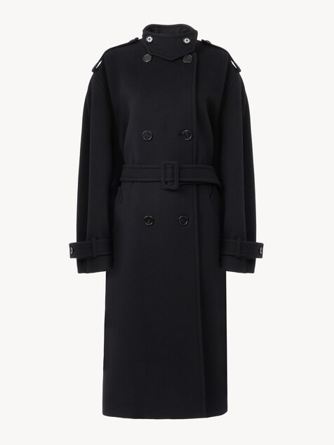 High-neck long coat in double-face wool