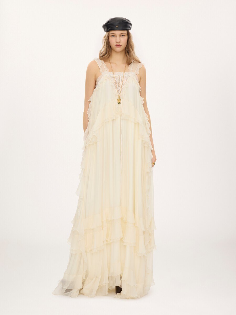 Sleeveless layered long dress in silk mousseline & lace - 3