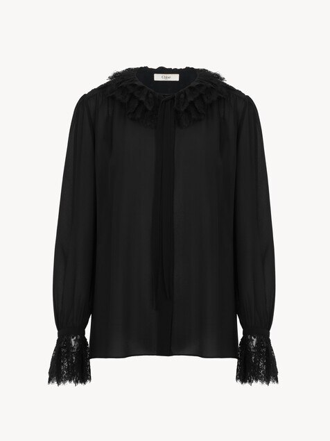 Flie&szlig;ende Bluse aus Seidengeorgette und Spitze
