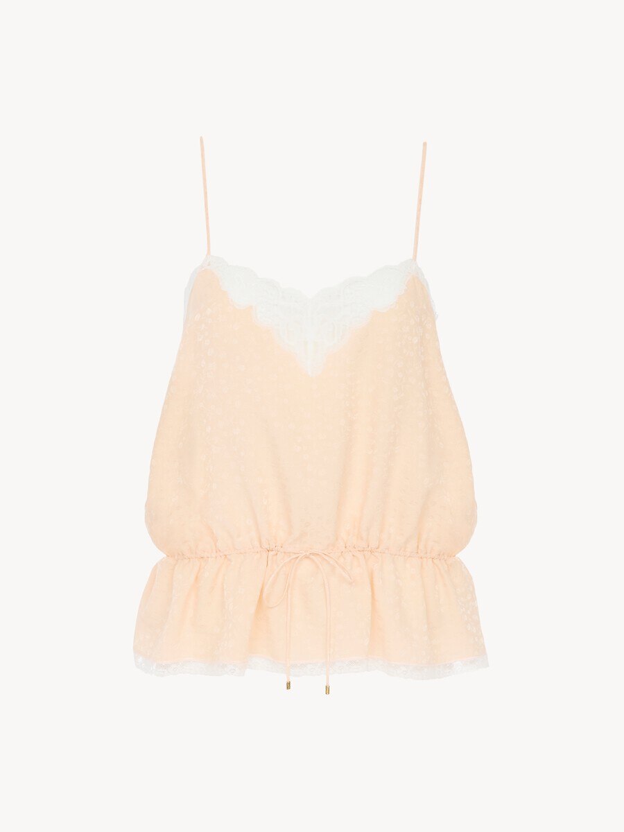 Drawstring camisole top in silk jacquard & lace - 2