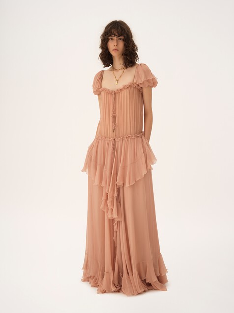 Gathered long ruffled dress in silk mousseline