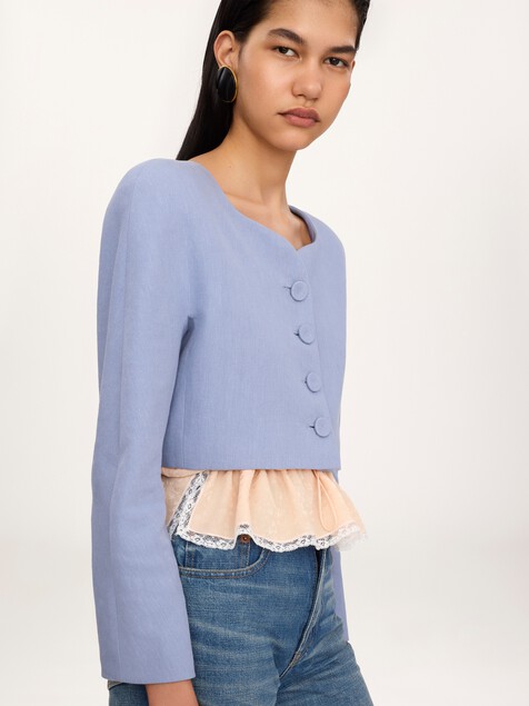 Cropped collarless jacket in linen cr&ecirc;pe