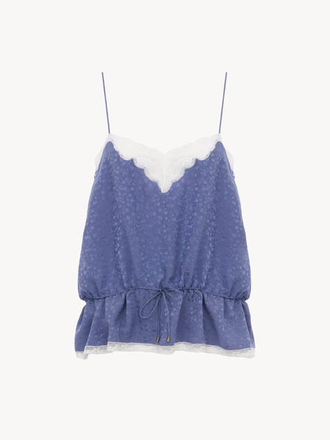 Drawstring camisole top in silk jacquard & lace