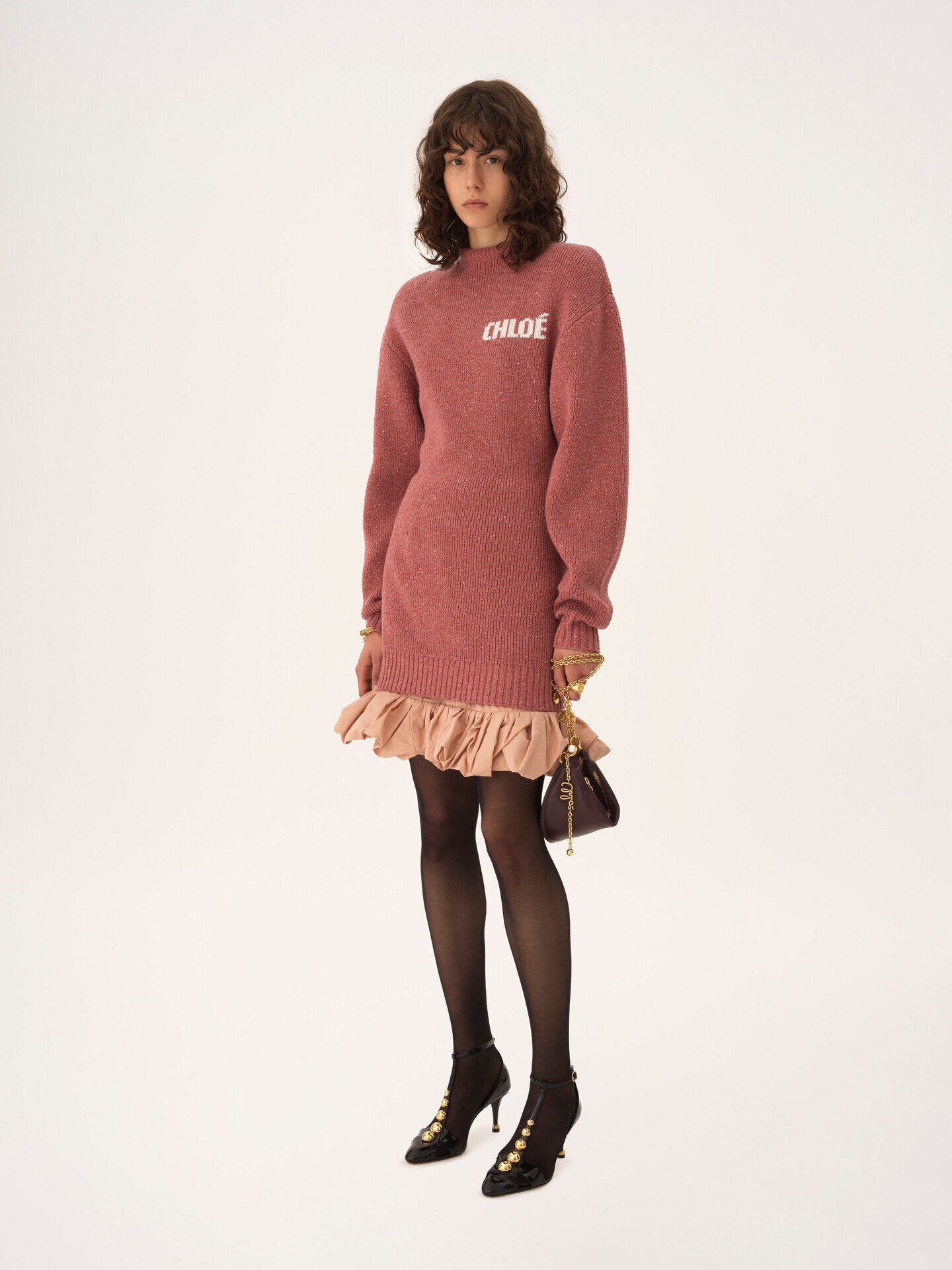Mini abito a maniche lunghe con logo in maglia di lana merino - 3