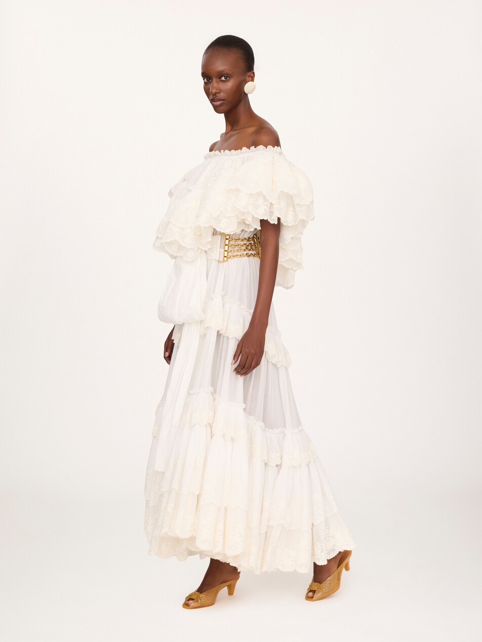 Vestido largo con volantes de gasa de algod&oacute;n