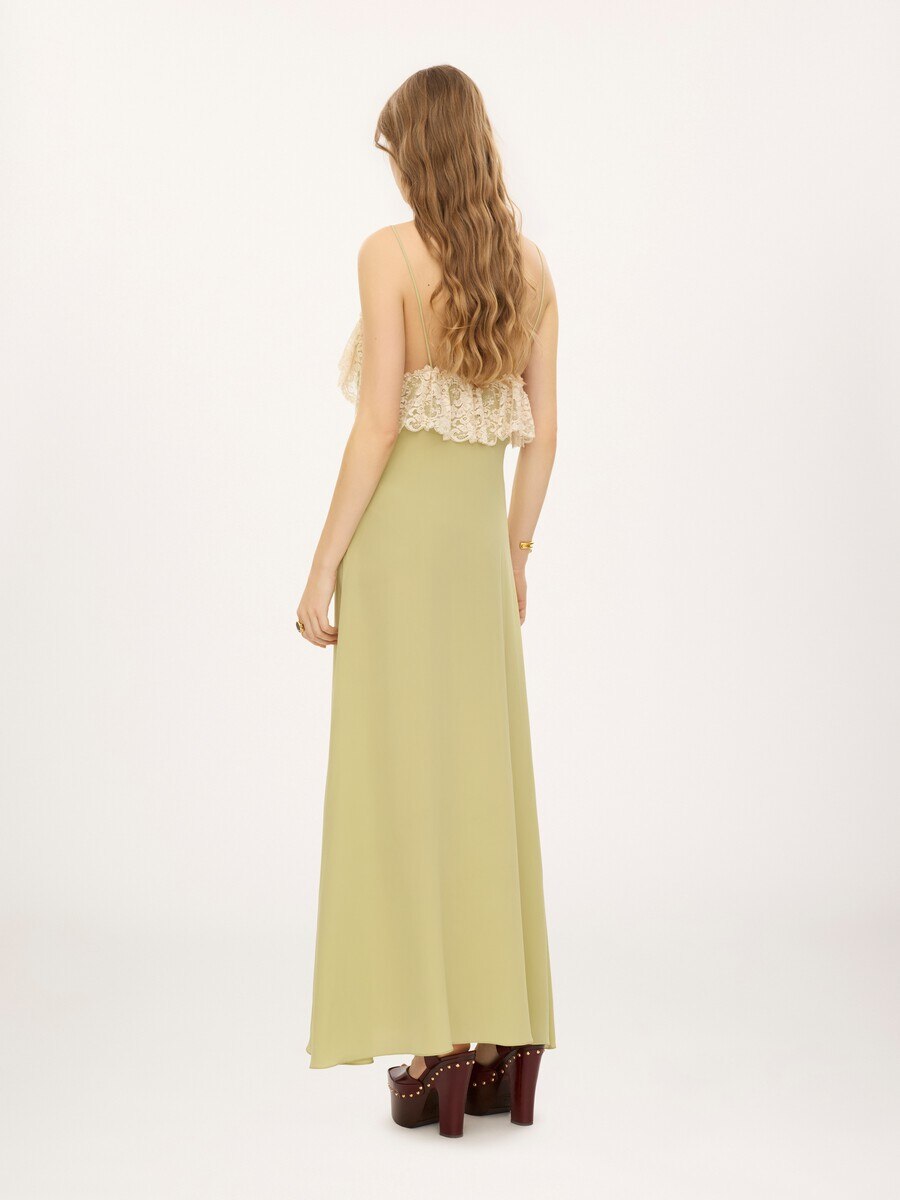 Thin-strap long dress in cr&ecirc;pe de chine & lace - 5